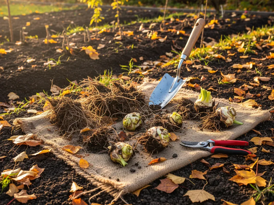 Divided hosta roots on burlap with a garden spade and shears surrounded by golden autumn leaves.