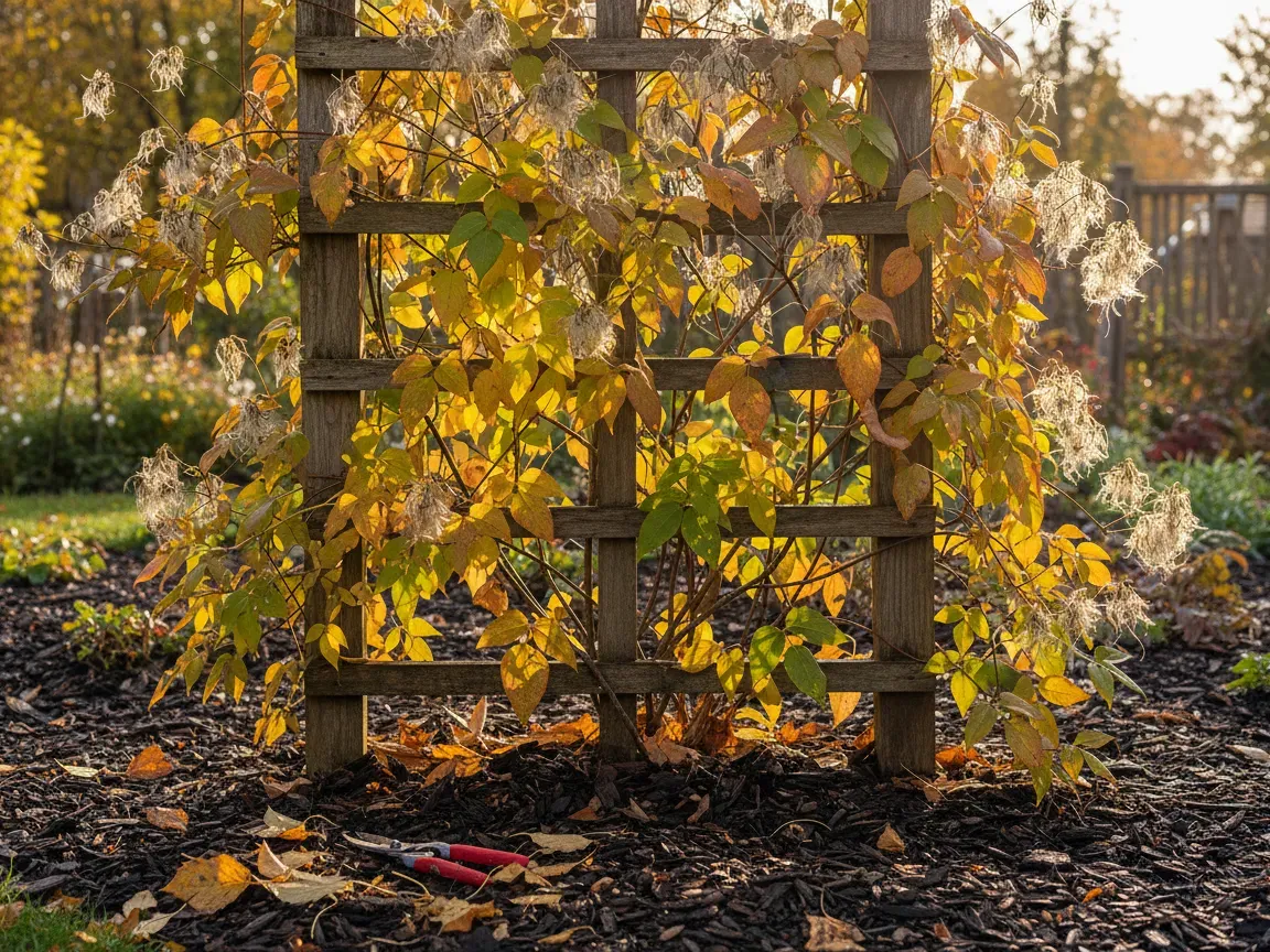 Autumn clematis vine on a wooden trellis with fluffy seed heads, fallen leaves, and pruning shears in soft sunlight.
