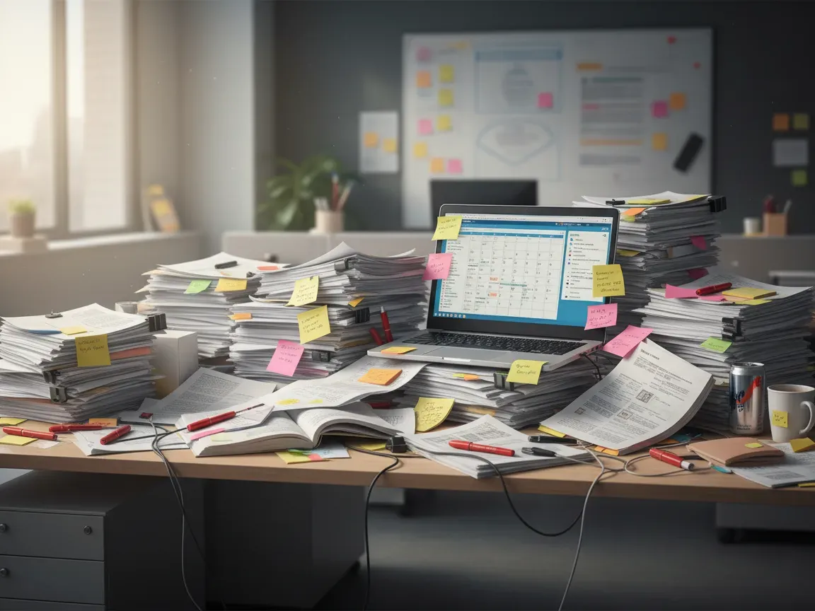 Cluttered desk with stacks of documents, sticky notes, red pens, and a glowing laptop in morning light.