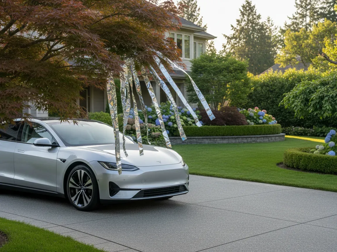 Modern car on a suburban driveway with reflective tape on a tree branch, morning sunlight, and garden background.