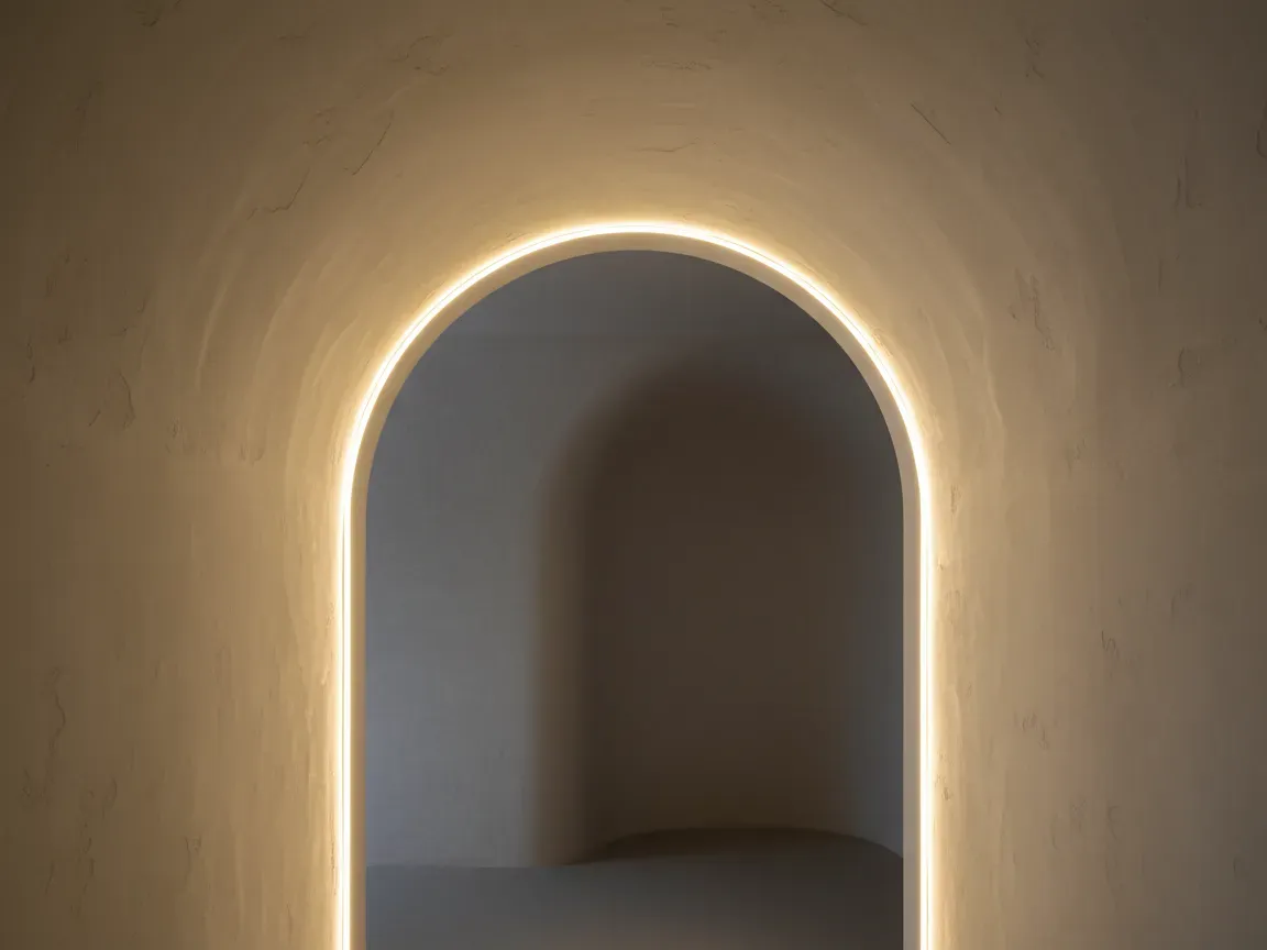 Minimalist wall arch with textured plaster finish and soft, warm indirect LED lighting glowing along the inner curve.