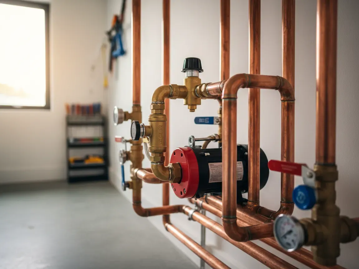 Modern residential hydronic heating system with copper pipes, circulator pump, and brass air separator in warm light.